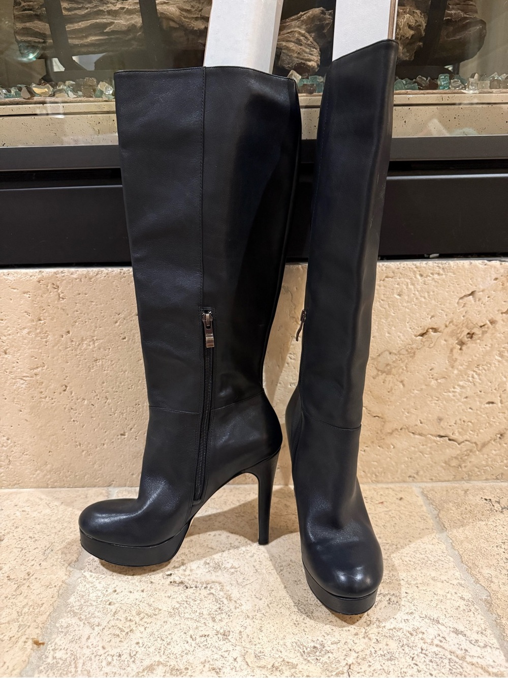 Reba McEntire Black Leather Platform Knee High Boots Side Zip Size 7.5M
